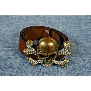 Nine West Skull Buckle Brown Leather Belt Woman's 39 in long